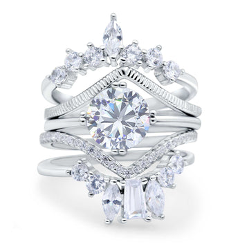 Trio Set Wedding Ring Three Piece Bridal Round Simulated Cubic Zirconia 925 Sterling Silver